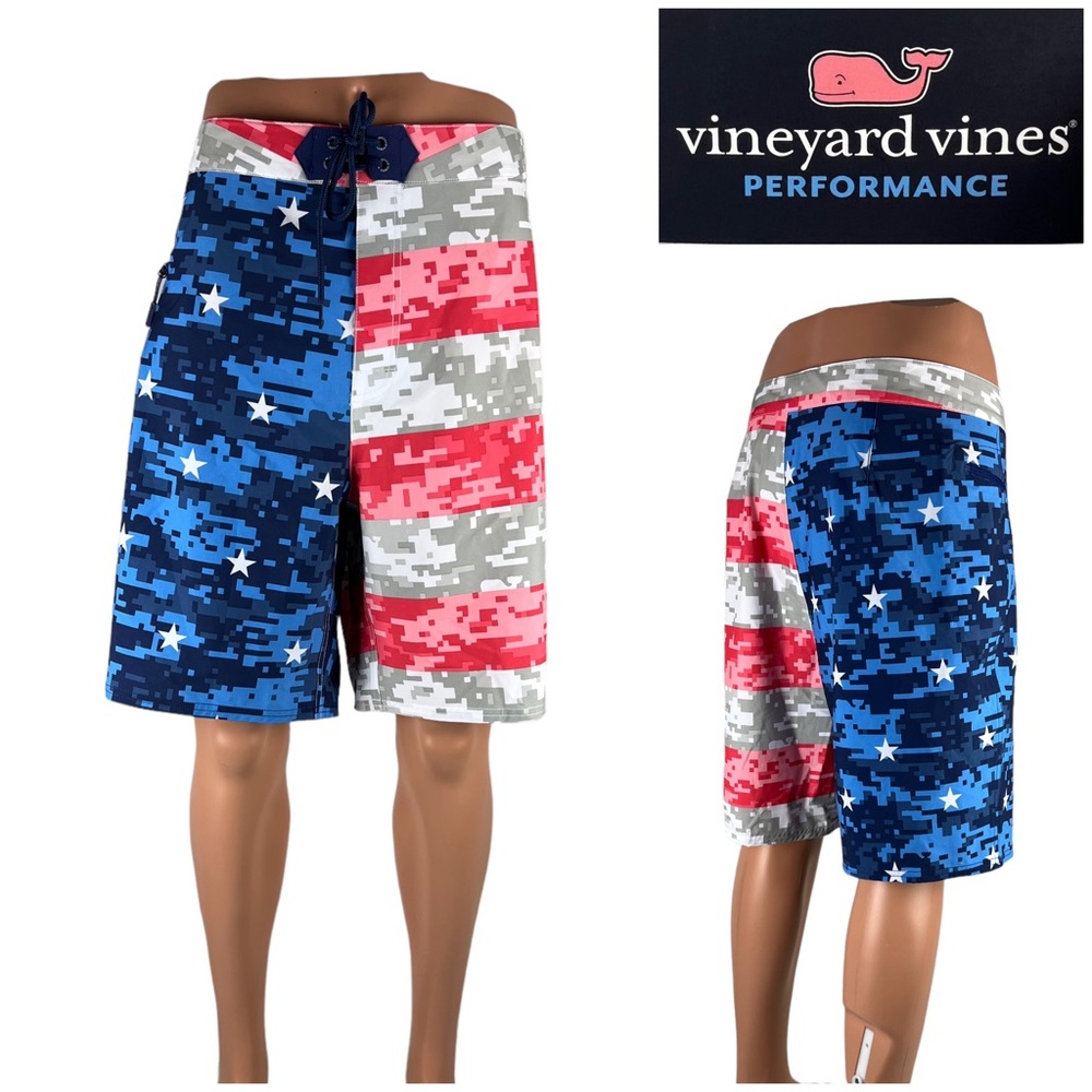Vineyard Vines Mens 40 X 9” Boardshort Blue USA Flag Stars Bars Performance NWT